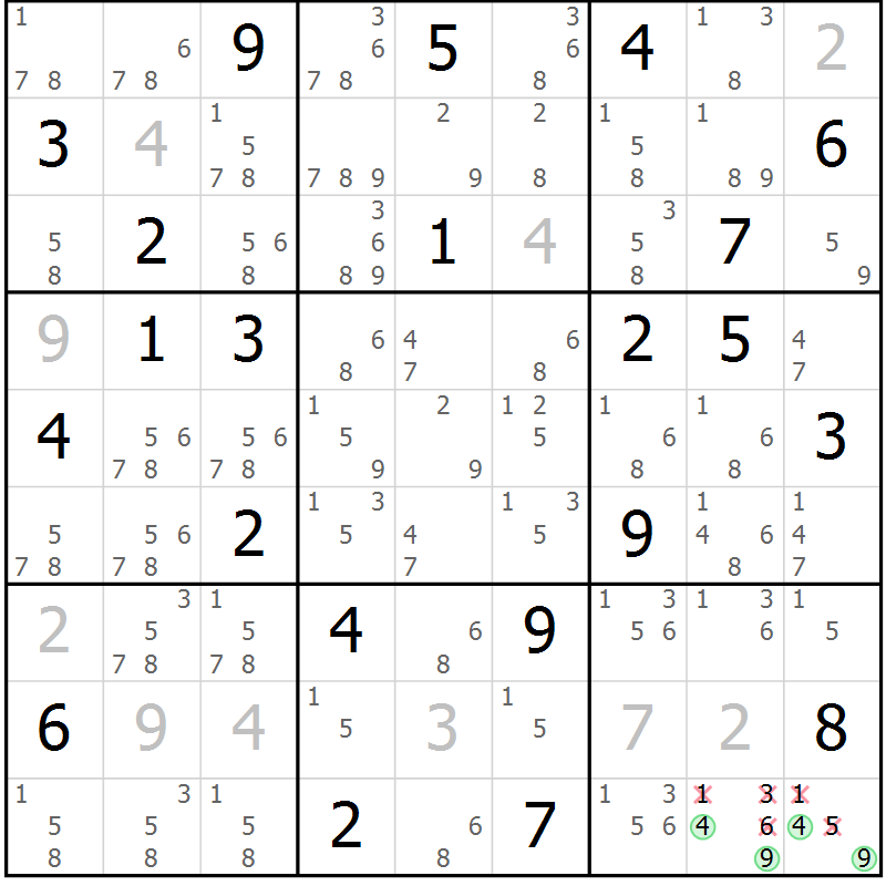 Position des candidats pour la solution de la Gr 3 page 6 du magazine de sudoku Virtuose n° 110