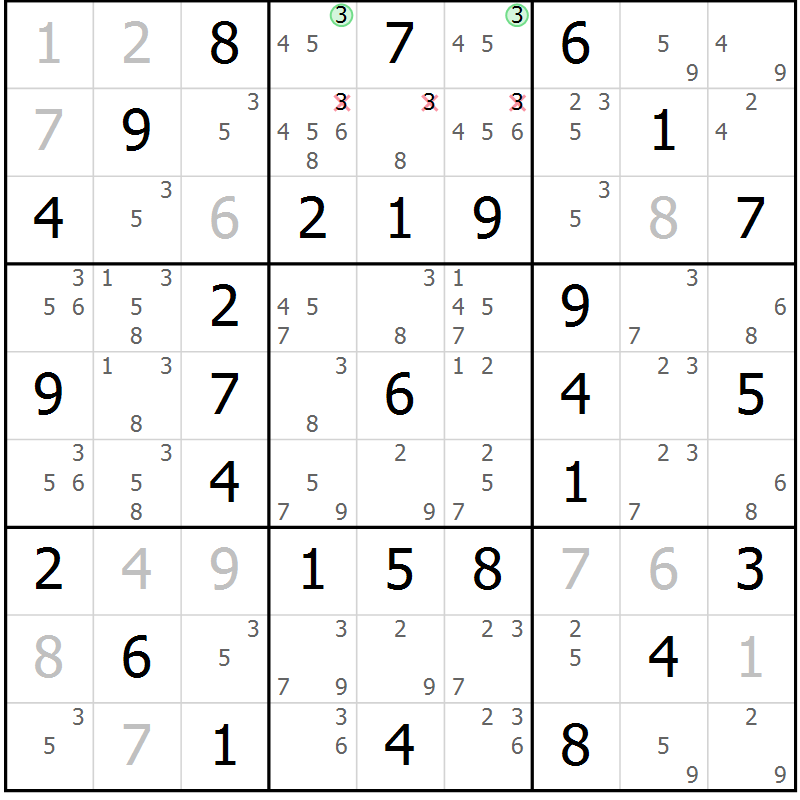 Position des candidats pour la solution de la Gr 30 page 33 du magazine de sudoku Virtuose n° 110