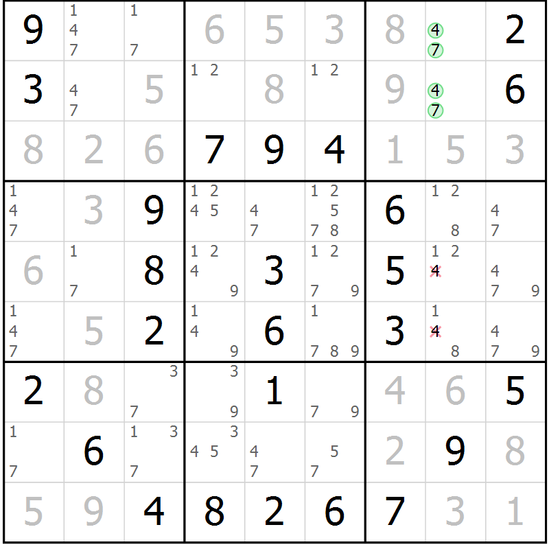 Position des candidats pour la solution de la Gr 32 page 35 du magazine de sudoku Virtuose n° 110