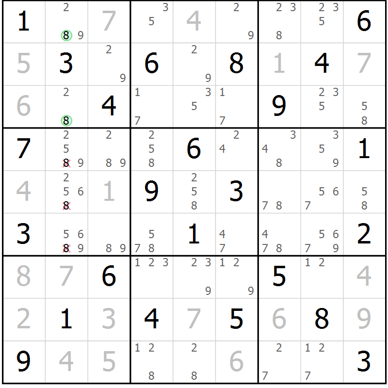 Position des candidats pour la solution de la Gr 33 page 36 du magazine de sudoku Virtuose n° 110