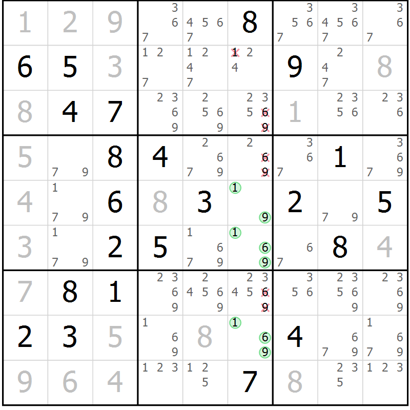 Position des candidats pour la solution de la Gr 36 page 39 du magazine de sudoku Virtuose n° 110