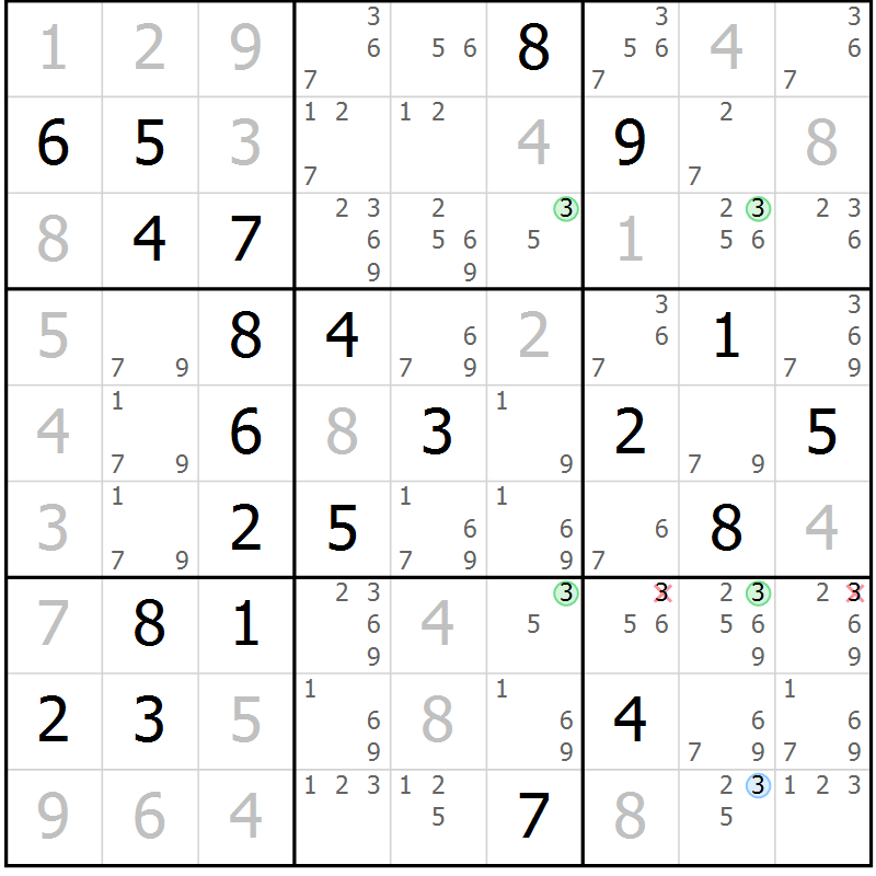 Position des candidats pour la solution de la Gr 36 page 39 du magazine de sudoku Virtuose n° 110