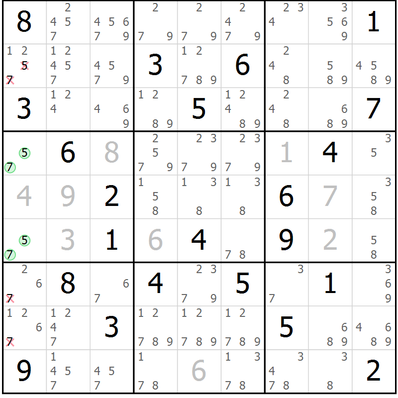 Position des candidats pour la solution de la Gr 4 page 7 du magazine de sudoku Virtuose n° 110