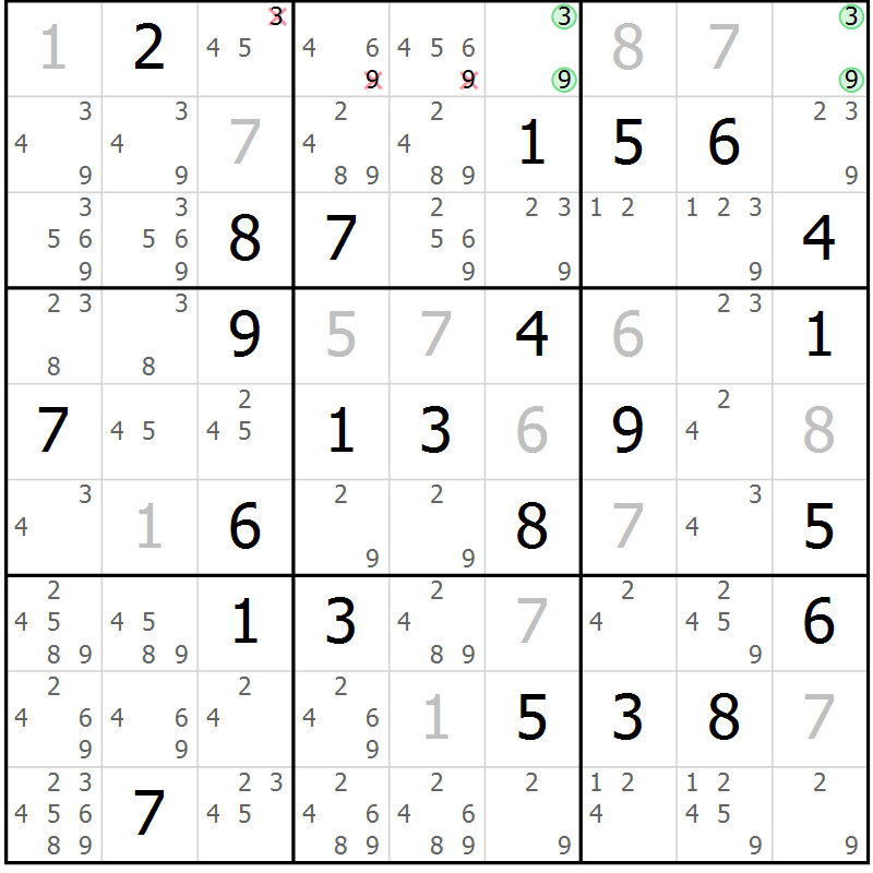 Position des candidats pour la solution de la Gr 40 page 43 du magazine de sudoku Virtuose n° 110