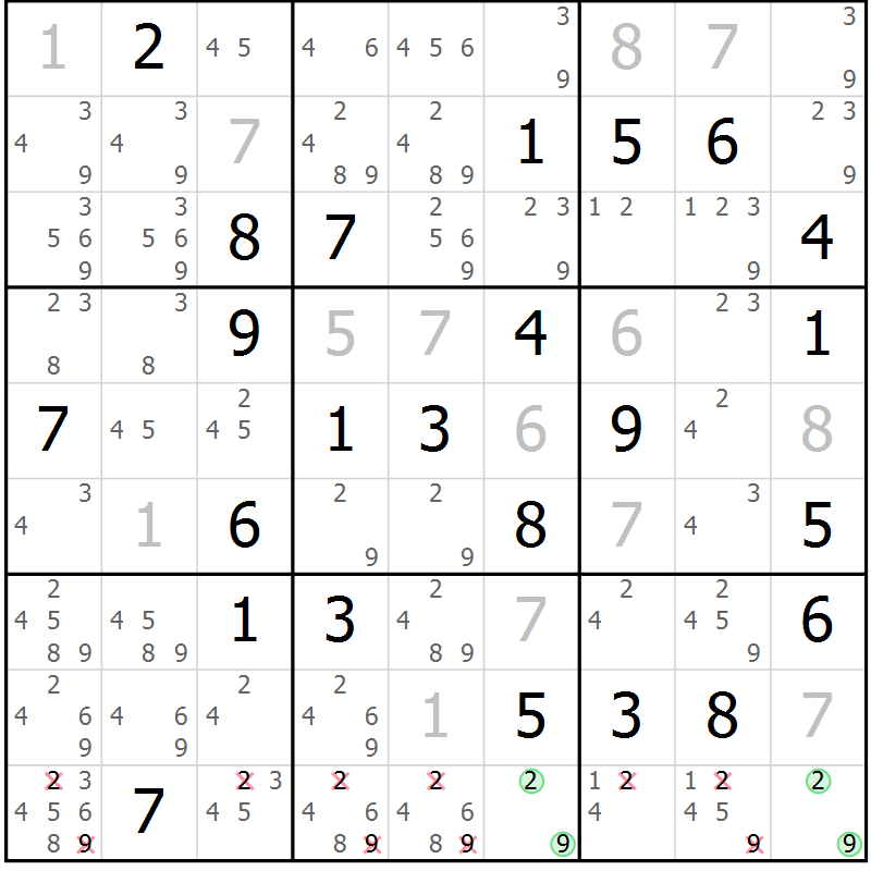 Position des candidats pour la solution de la Gr 40 page 43 du magazine de sudoku Virtuose n° 110