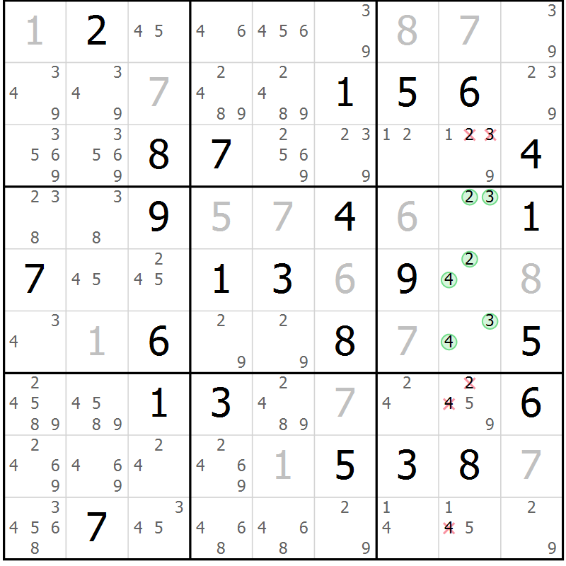 Position des candidats pour la solution de la Gr 40 page 43 du magazine de sudoku Virtuose n° 110