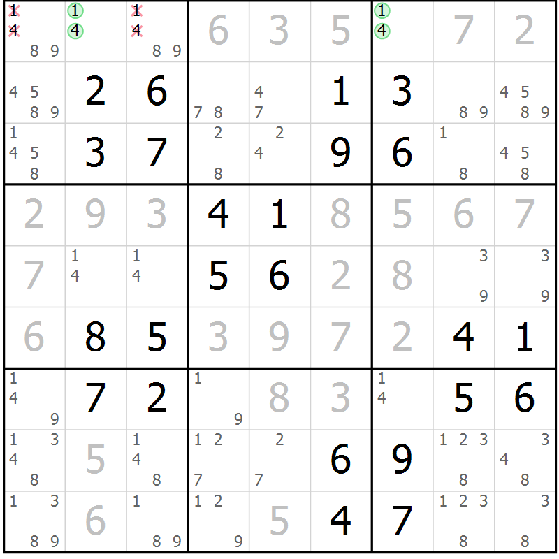Position des candidats pour la solution de la Gr 42 page 45 du magazine de sudoku Virtuose n° 110