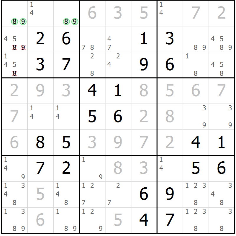 Position des candidats pour la solution de la Gr 42 page 45 du magazine de sudoku Virtuose n° 110