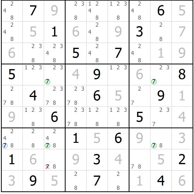 Position des candidats pour la solution de la Gr 43 page 46 du magazine de sudoku Virtuose n° 110