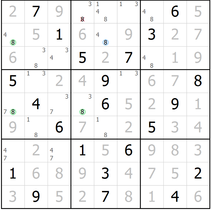 Position des candidats pour la solution de la Gr 43 page 46 du magazine de sudoku Virtuose n° 110
