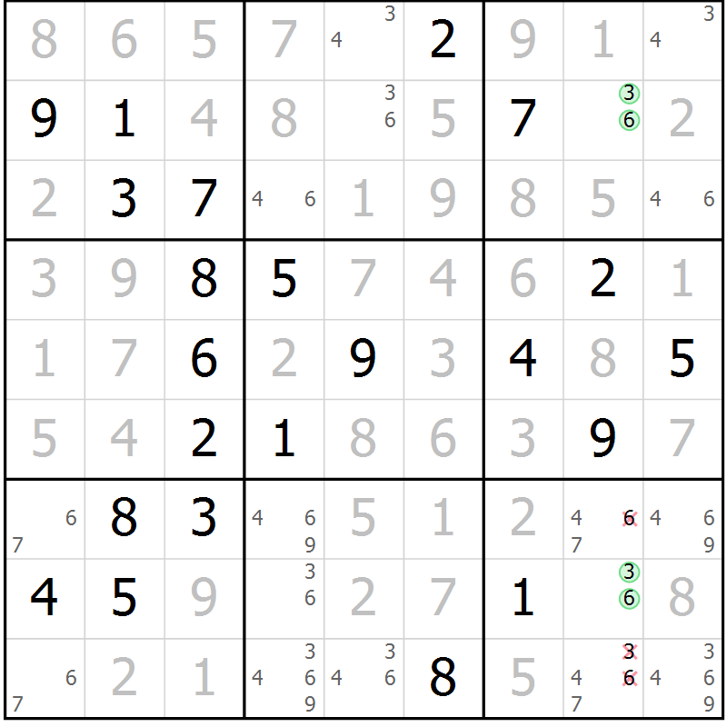 Position des candidats pour la solution de la Gr 45 page 48 du magazine de sudoku Virtuose n° 110