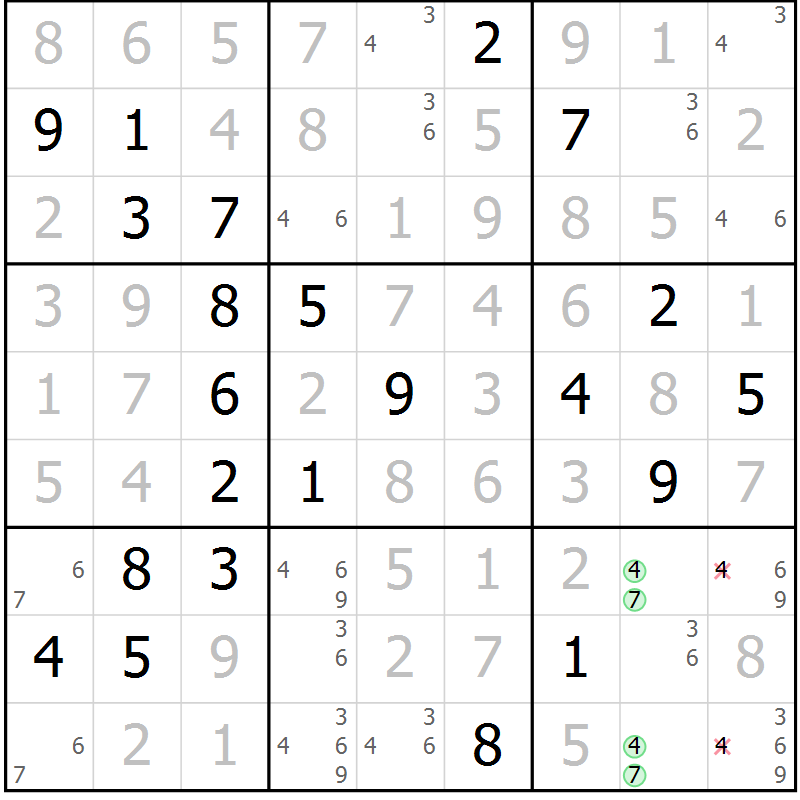 Position des candidats pour la solution de la Gr 45 page 48 du magazine de sudoku Virtuose n° 110