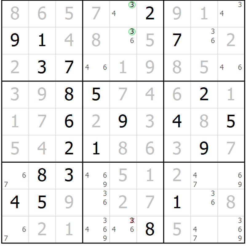 Position des candidats pour la solution de la Gr 45 page 48 du magazine de sudoku Virtuose n° 110