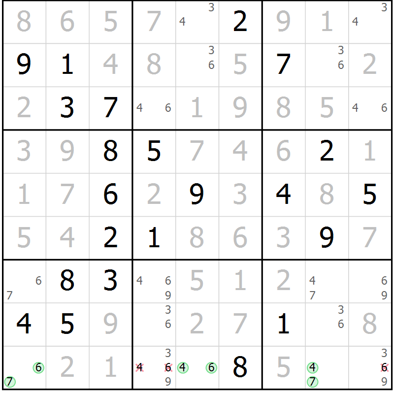 Position des candidats pour la solution de la Gr 45 page 48 du magazine de sudoku Virtuose n° 110