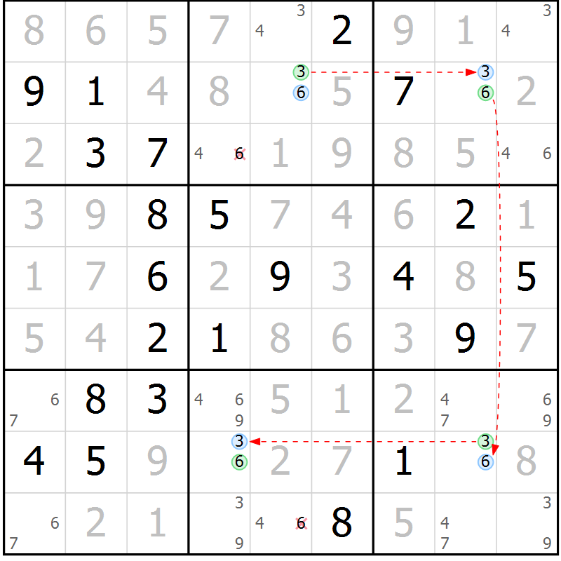 Position des candidats pour la solution de la Gr 45 page 48 du magazine de sudoku Virtuose n° 110