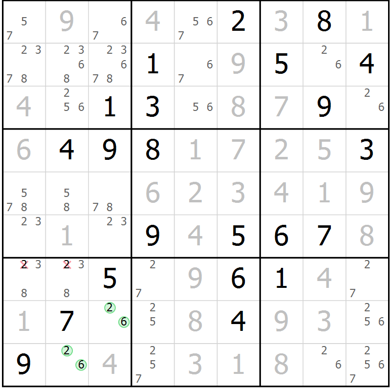 Position des candidats pour la solution de la Gr 46 page 49 du magazine de sudoku Virtuose n° 110