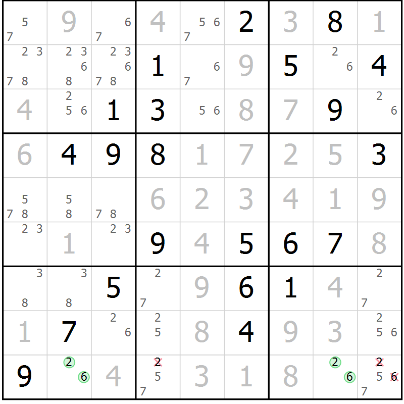 Position des candidats pour la solution de la Gr 46 page 49 du magazine de sudoku Virtuose n° 110
