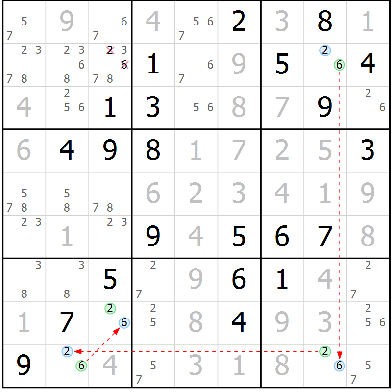 Position des candidats pour la solution de la Gr 46 page 49 du magazine de sudoku Virtuose n° 110