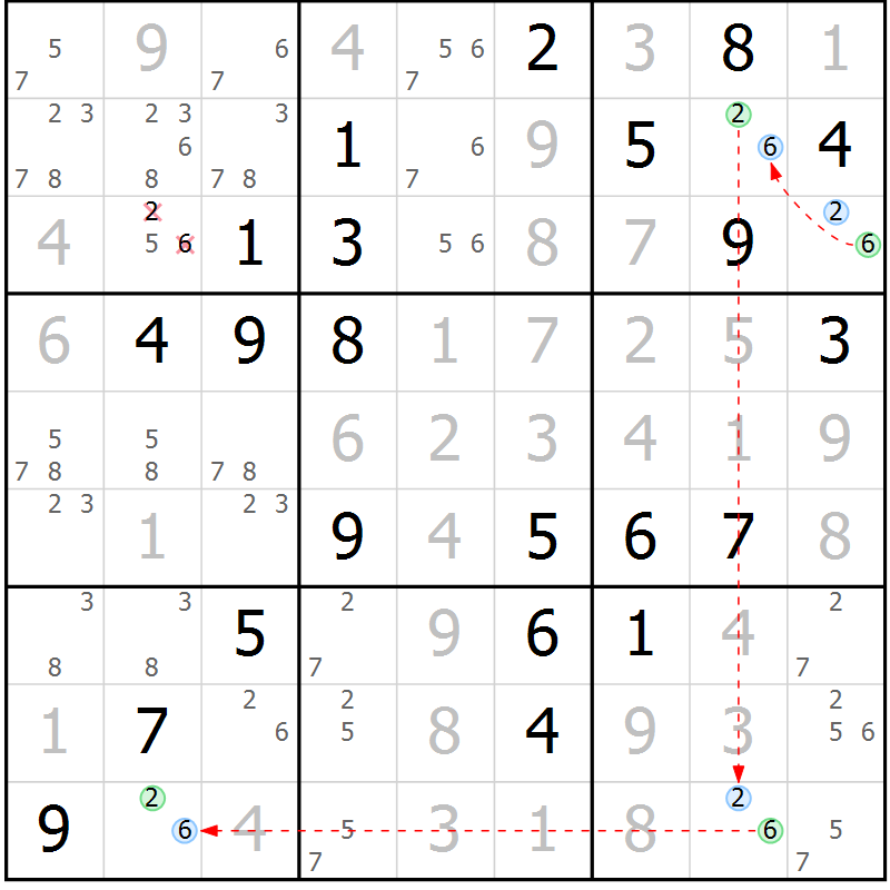 Position des candidats pour la solution de la Gr 46 page 49 du magazine de sudoku Virtuose n° 110