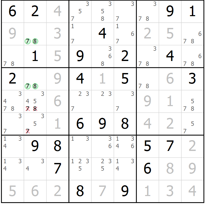 Position des candidats pour la solution de la Gr 47 page 50 du magazine de sudoku Virtuose n° 110