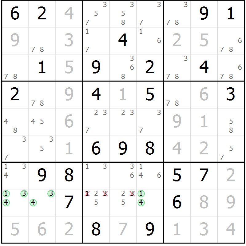 Position des candidats pour la solution de la Gr 47 page 50 du magazine de sudoku Virtuose n° 110