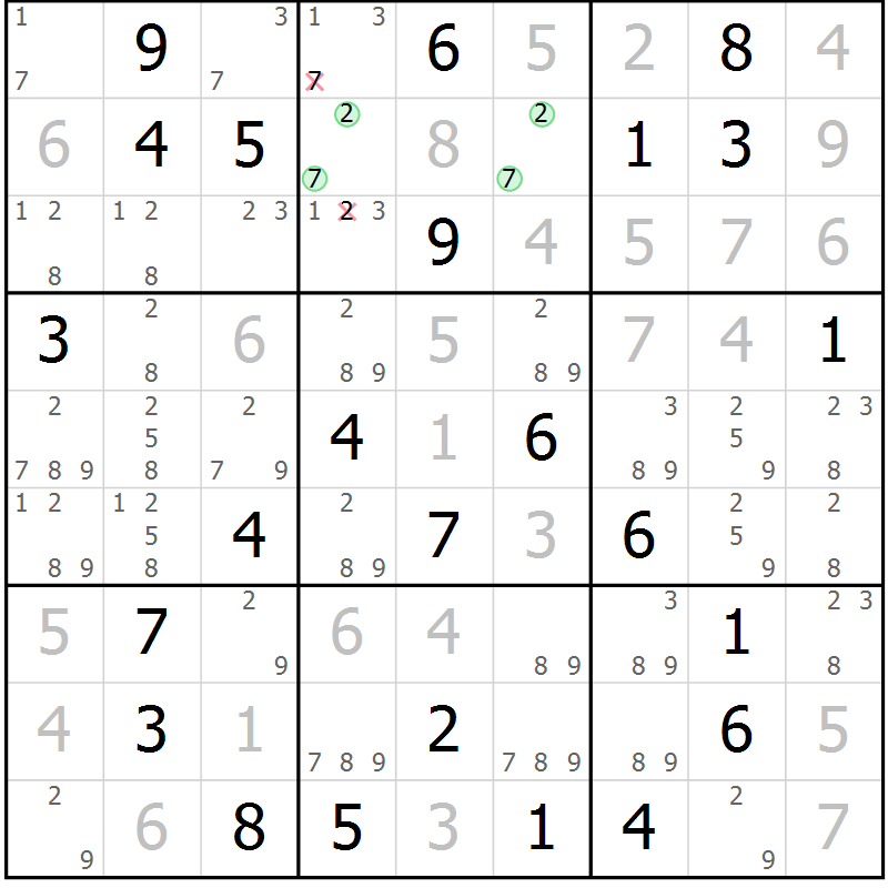 Position des candidats pour la solution de la Gr 49 page 52 du magazine de sudoku Virtuose n° 110