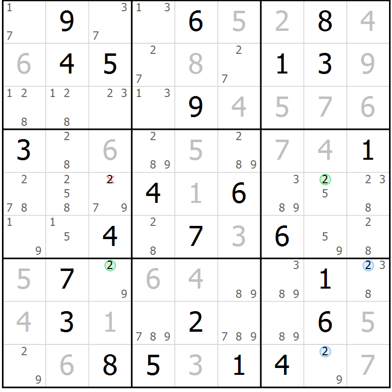 Position des candidats pour la solution de la Gr 49 page 52 du magazine de sudoku Virtuose n° 110