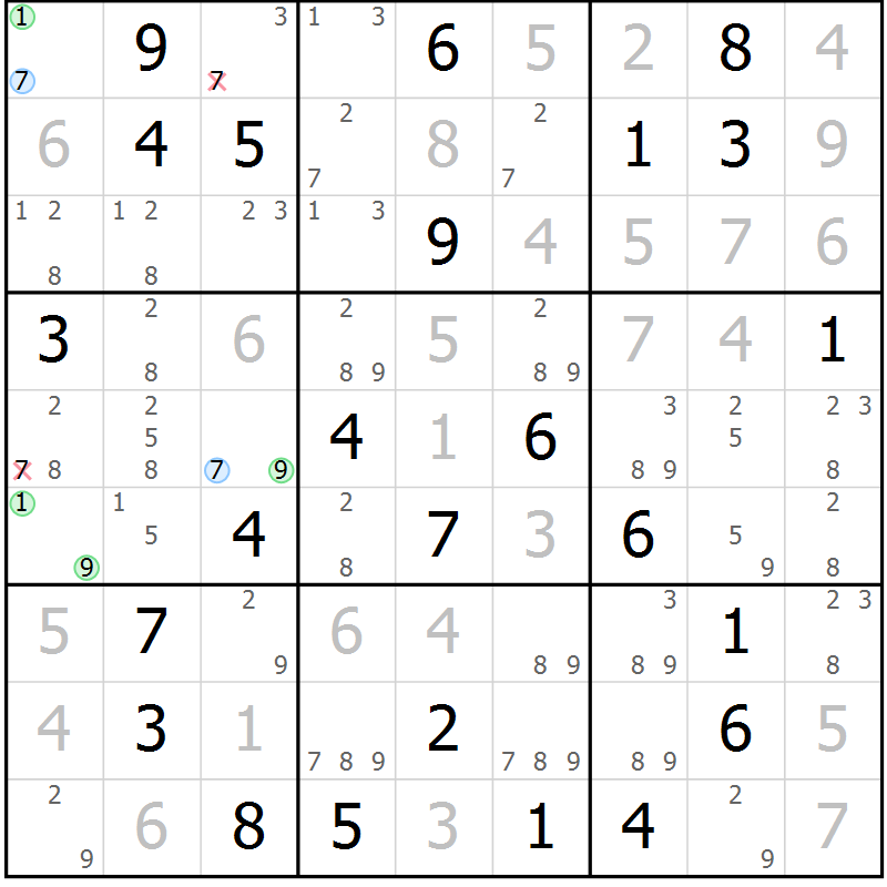 Position des candidats pour la solution de la Gr 49 page 52 du magazine de sudoku Virtuose n° 110