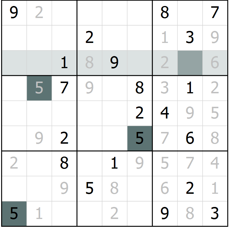 Position des candidats pour la solution de la Gr 5 page 8 du magazine de sudoku Virtuose n° 110