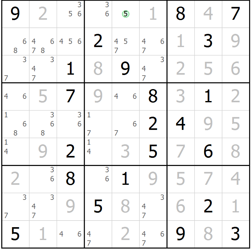 Position des candidats pour la solution de la Gr 5 page 8 du magazine de sudoku Virtuose n° 110