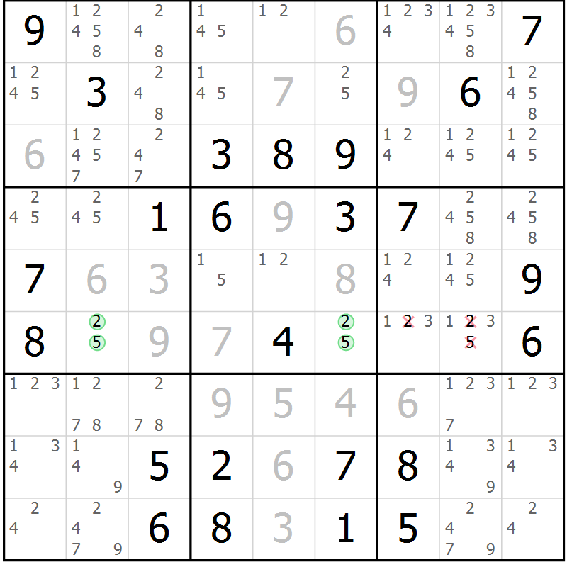 Position des candidats pour la solution de la Gr 50 page 53 du magazine de sudoku Virtuose n° 110