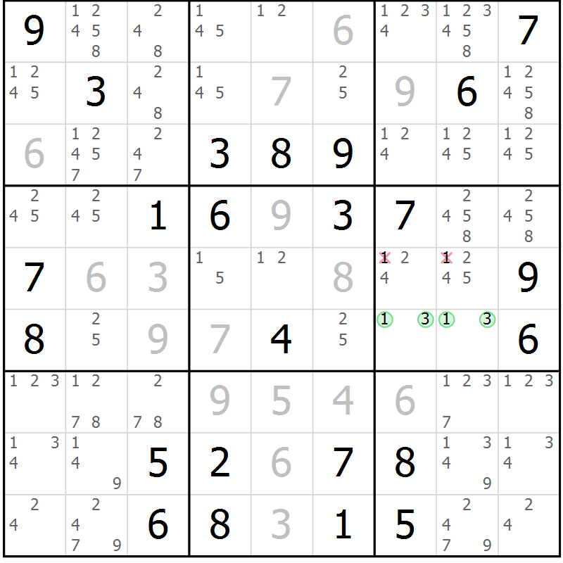 Position des candidats pour la solution de la Gr 50 page 53 du magazine de sudoku Virtuose n° 110