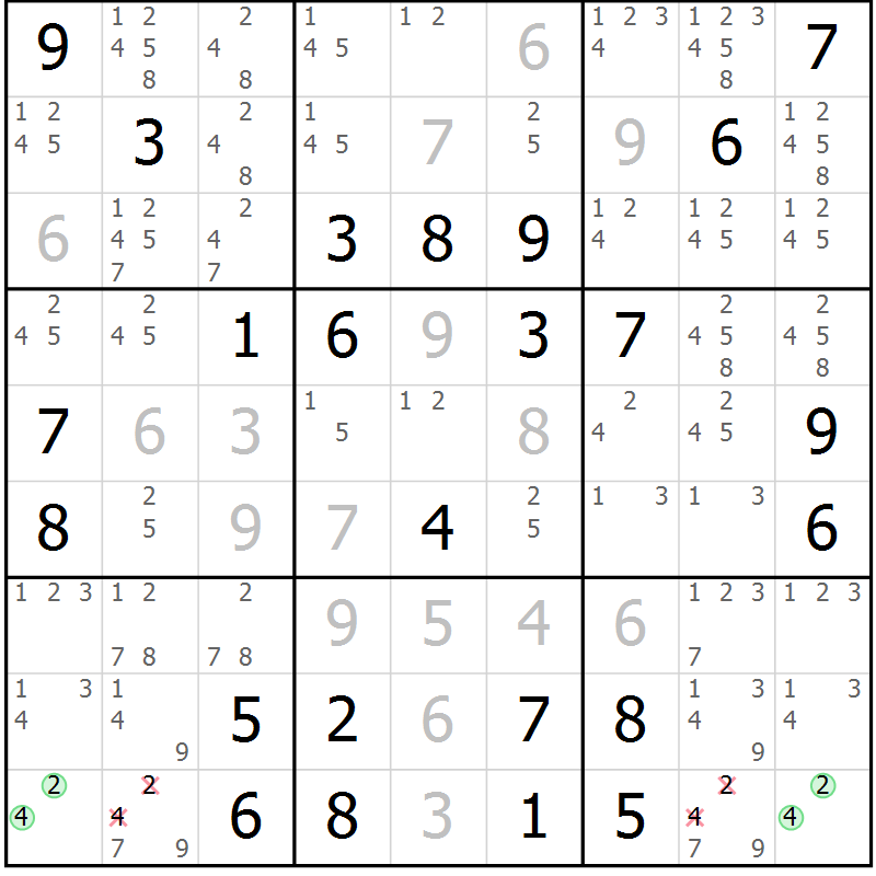 Position des candidats pour la solution de la Gr 50 page 53 du magazine de sudoku Virtuose n° 110