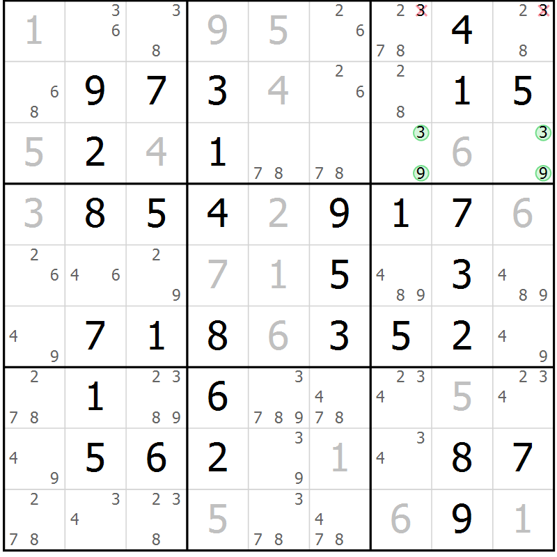 Position des candidats pour la solution de la Gr 51 page 54 du magazine de sudoku Virtuose n° 110