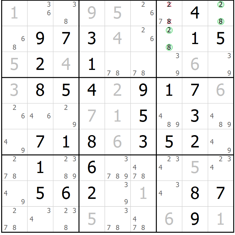 Position des candidats pour la solution de la Gr 51 page 54 du magazine de sudoku Virtuose n° 110