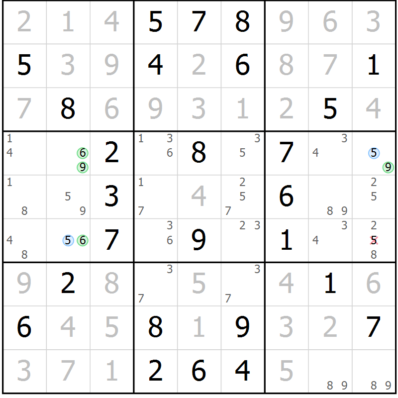 Position des candidats pour la solution de la Gr 52 page 55 du magazine de sudoku Virtuose n° 110