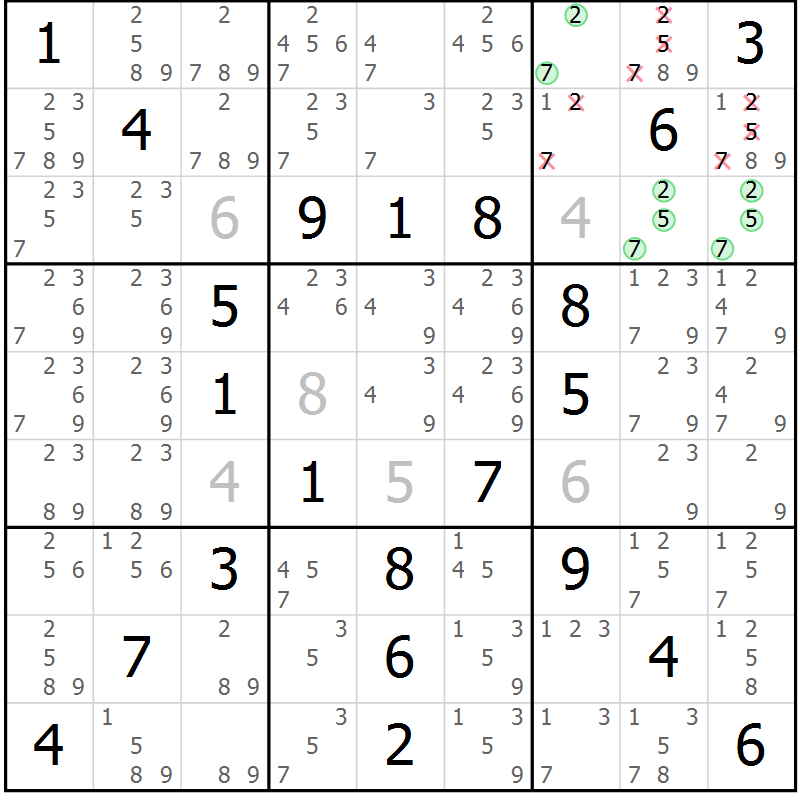 Position des candidats pour la solution de la Gr 53 page 56 du magazine de sudoku Virtuose n° 110