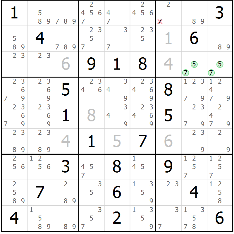 Position des candidats pour la solution de la Gr 53 page 56 du magazine de sudoku Virtuose n° 110