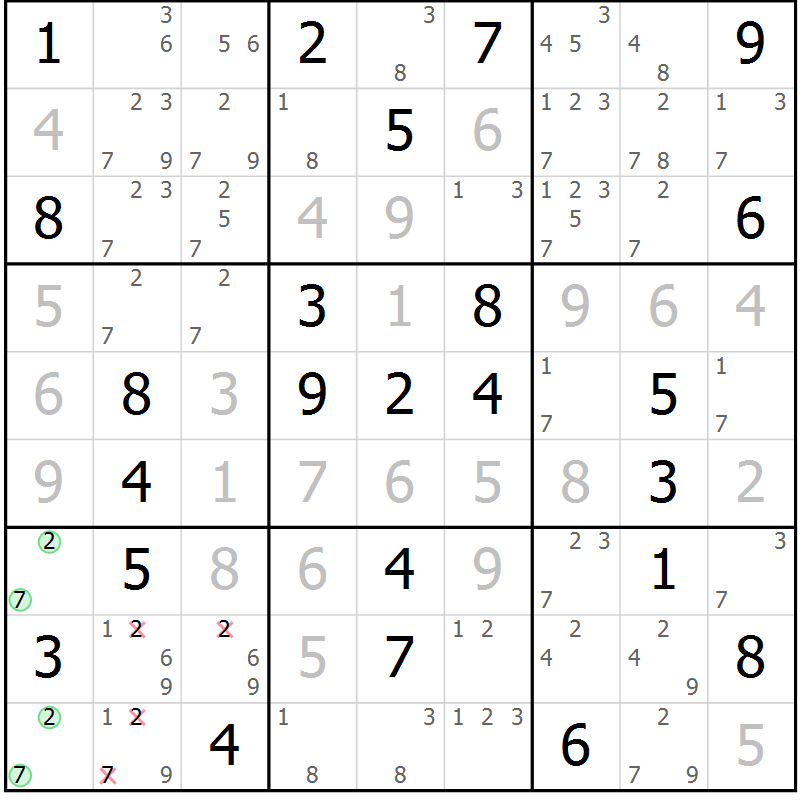 Position des candidats pour la solution de la Gr 54 page 57 du magazine de sudoku Virtuose n° 110