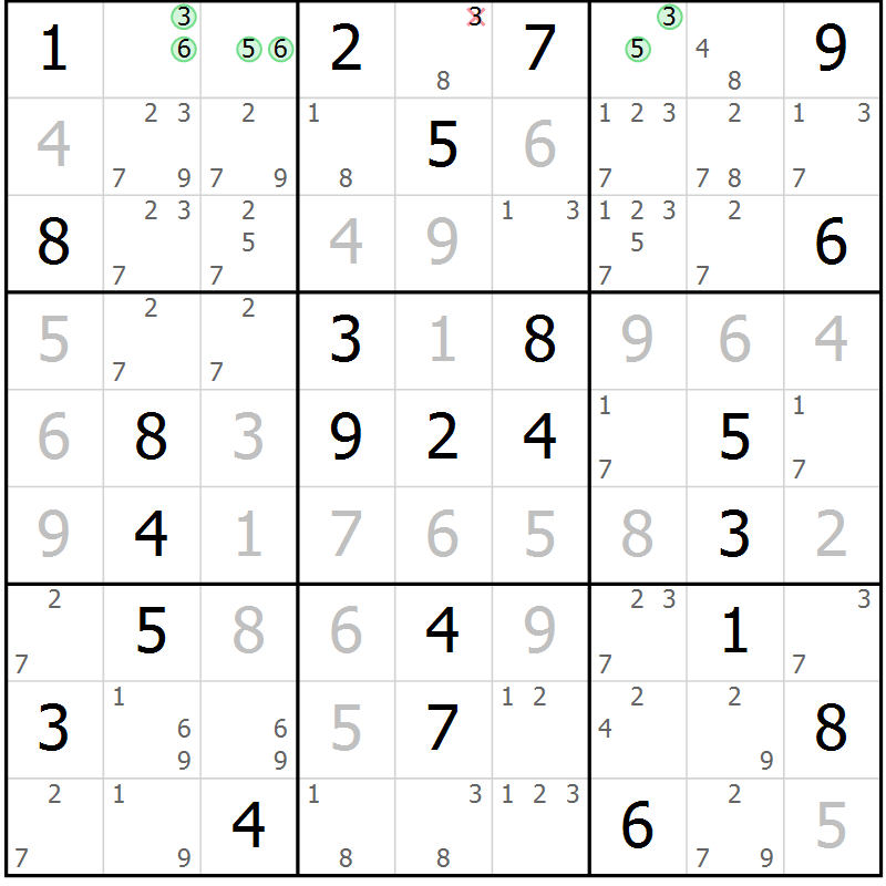 Position des candidats pour la solution de la Gr 54 page 57 du magazine de sudoku Virtuose n° 110