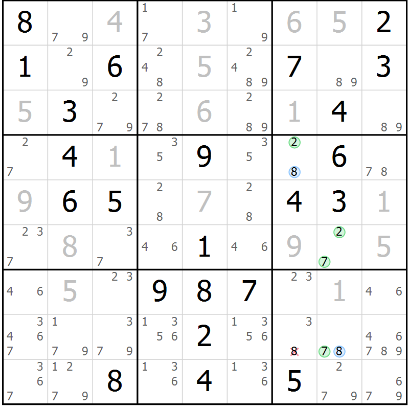 Position des candidats pour la solution de la Gr 57 page 60 du magazine de sudoku Virtuose n° 110