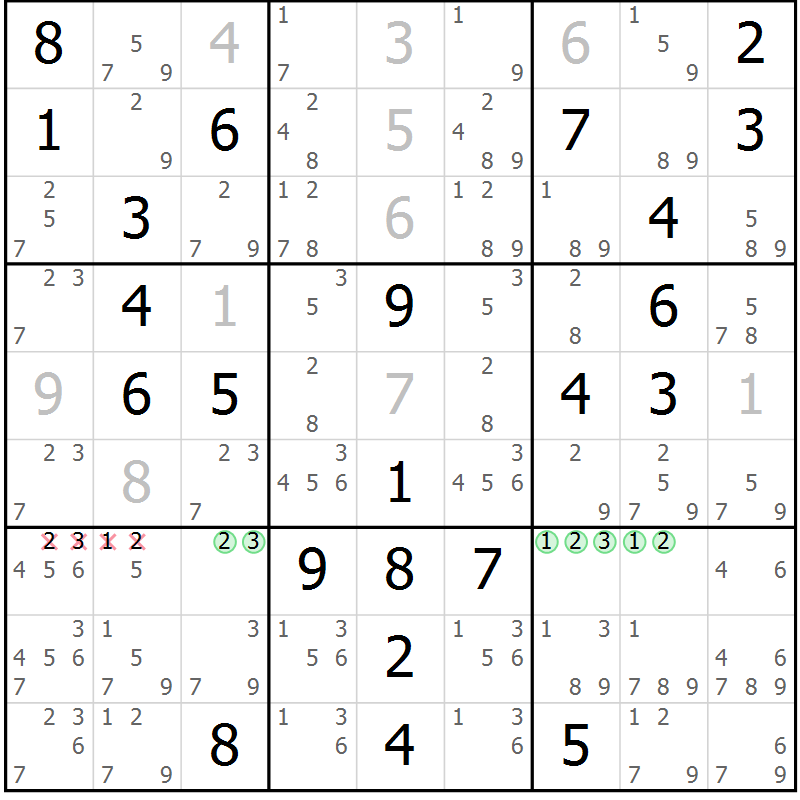 Position des candidats pour la solution de la Gr 57 page 60 du magazine de sudoku Virtuose n° 110