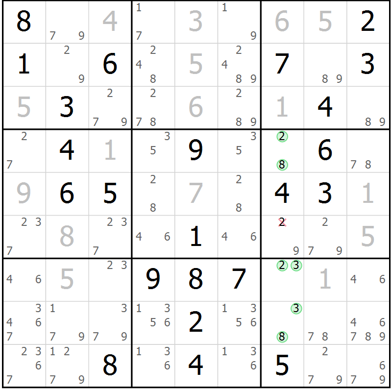 Position des candidats pour la solution de la Gr 57 page 60 du magazine de sudoku Virtuose n° 110
