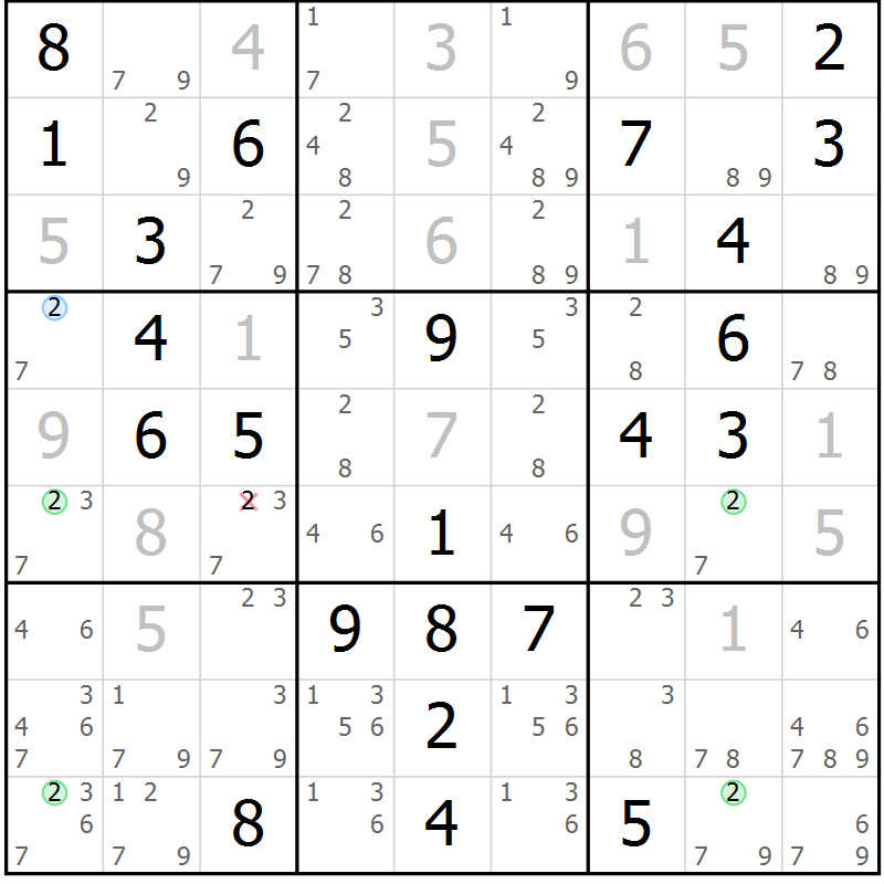 Position des candidats pour la solution de la Gr 57 page 60 du magazine de sudoku Virtuose n° 110