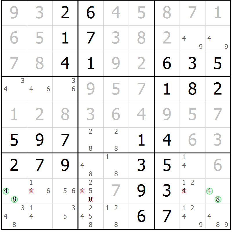 Position des candidats pour la solution de la Gr 58 page 61 du magazine de sudoku Virtuose n° 110