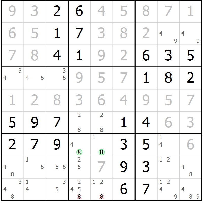 Position des candidats pour la solution de la Gr 58 page 61 du magazine de sudoku Virtuose n° 110