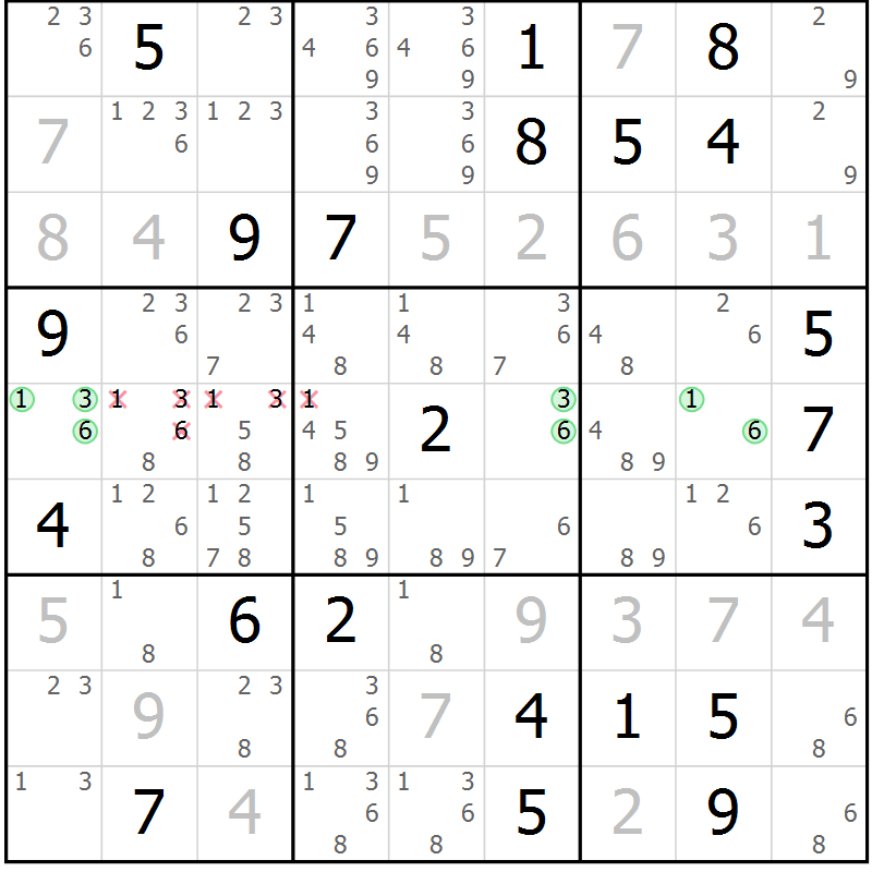 Position des candidats pour la solution de la Gr 6 page 9 du magazine de sudoku Virtuose n° 110