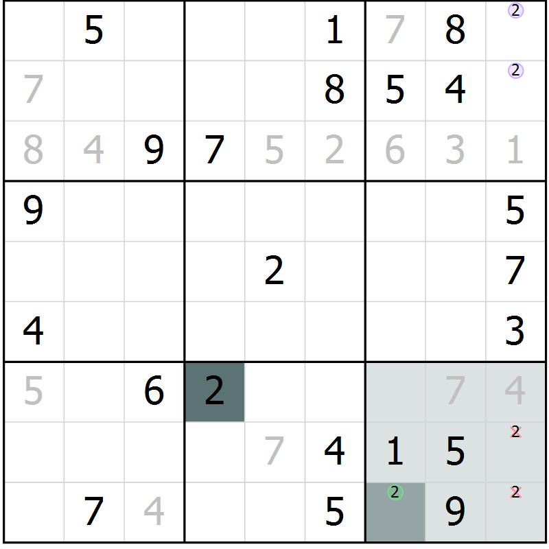 Position des candidats pour la solution de la Gr 6 page 9 du magazine de sudoku Virtuose n° 110