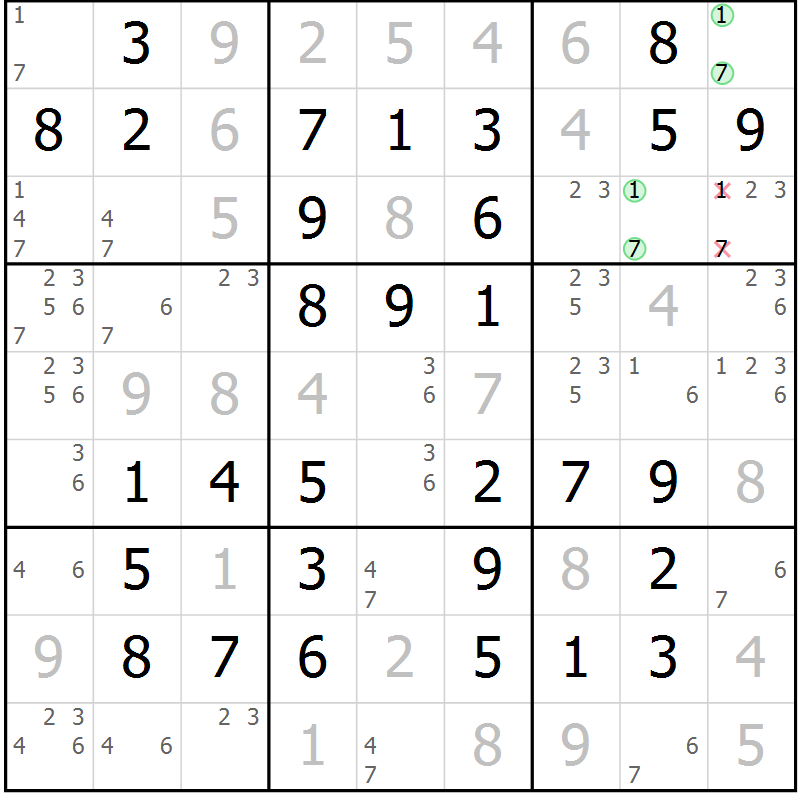 Position des candidats pour la solution de la Gr 60 page 63 du magazine de sudoku Virtuose n° 110