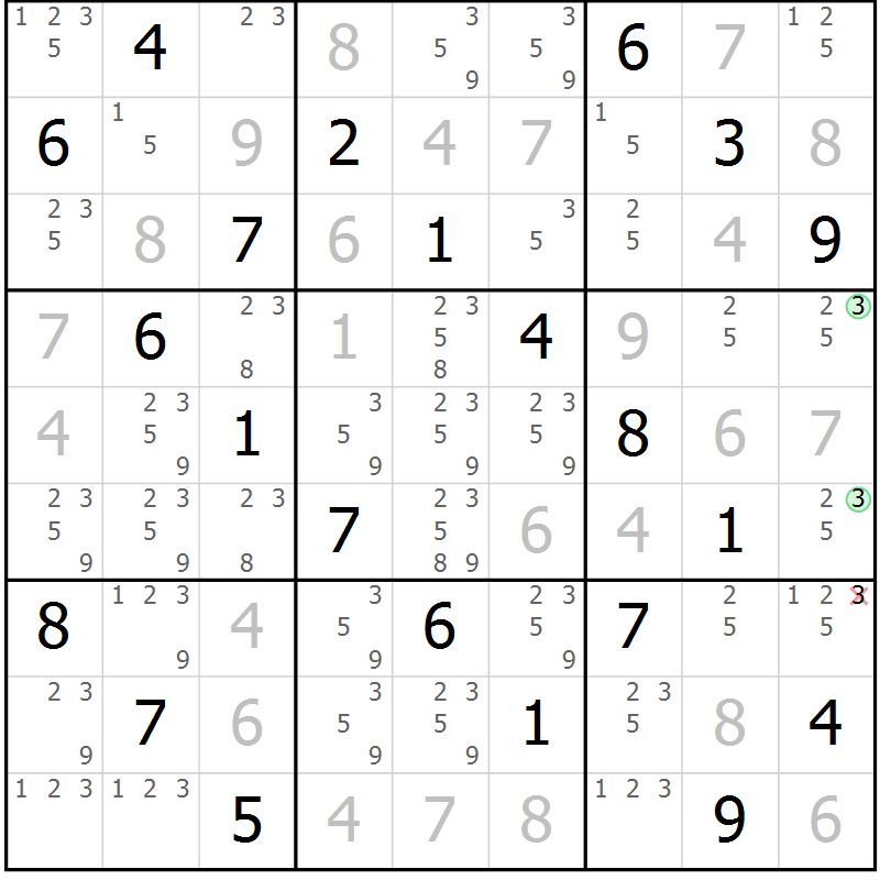 Position des candidats pour la solution de la Gr 61 page 64 du magazine de sudoku Virtuose n° 110